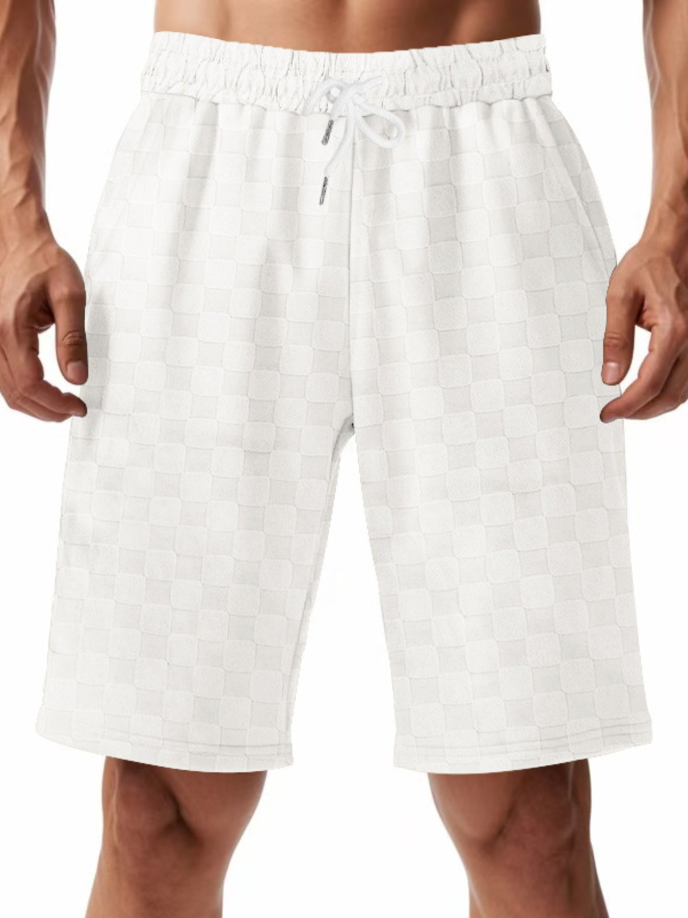White checkered chino shorts with drawstring waist for men.