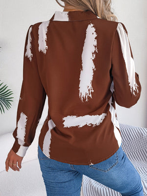 Brown brushstroke print collared blouse with long sleeves.