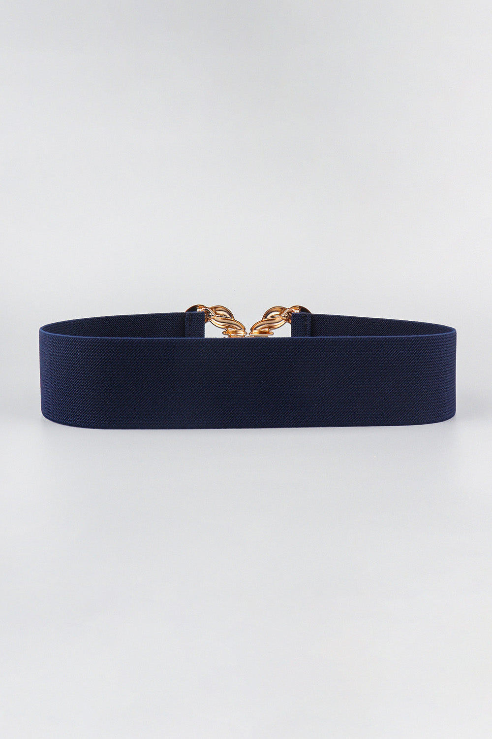 Dark blue braided stretch belt with gold chain knot buckle detail