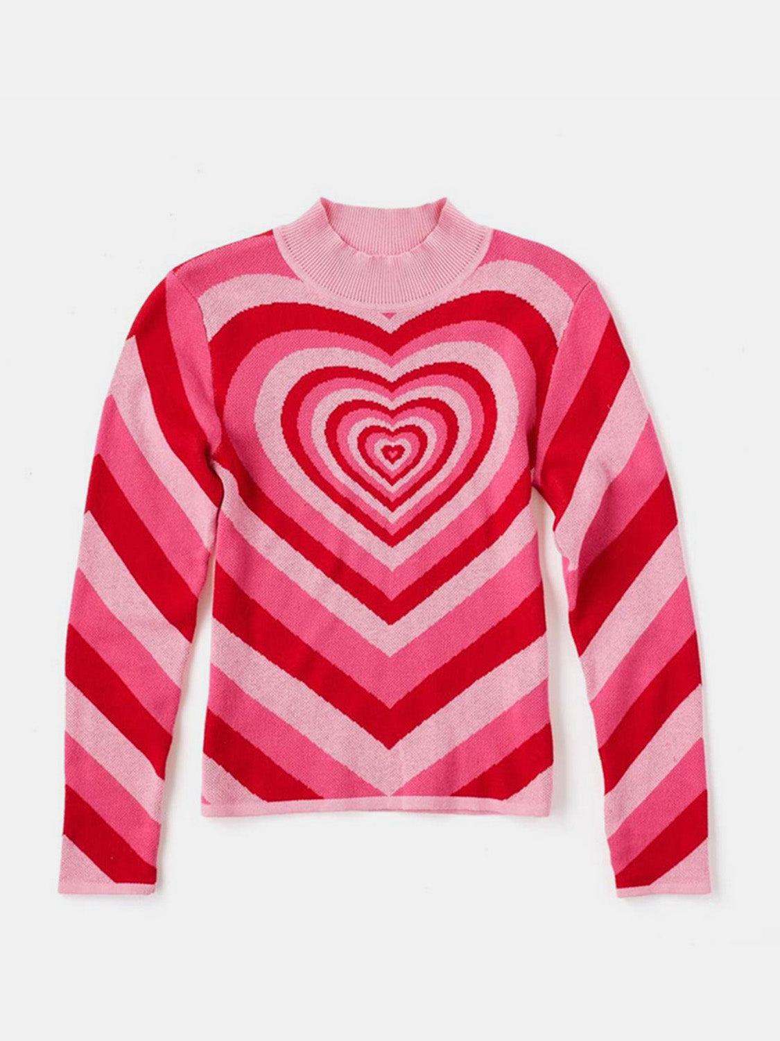 Heartbeat Stripe Mock Neck Knit sweater in pink and red with concentric heart pattern and chevron stripes.