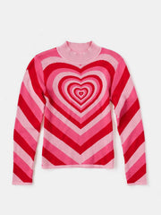 Heartbeat Stripe Mock Neck Knit sweater in pink and red with concentric heart pattern and chevron stripes.