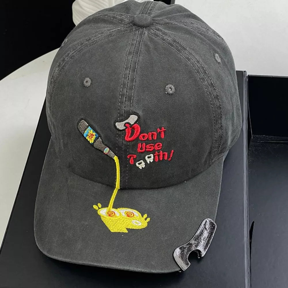 Dark Gray baseball cap with embroidered cartoon text and bottle design.