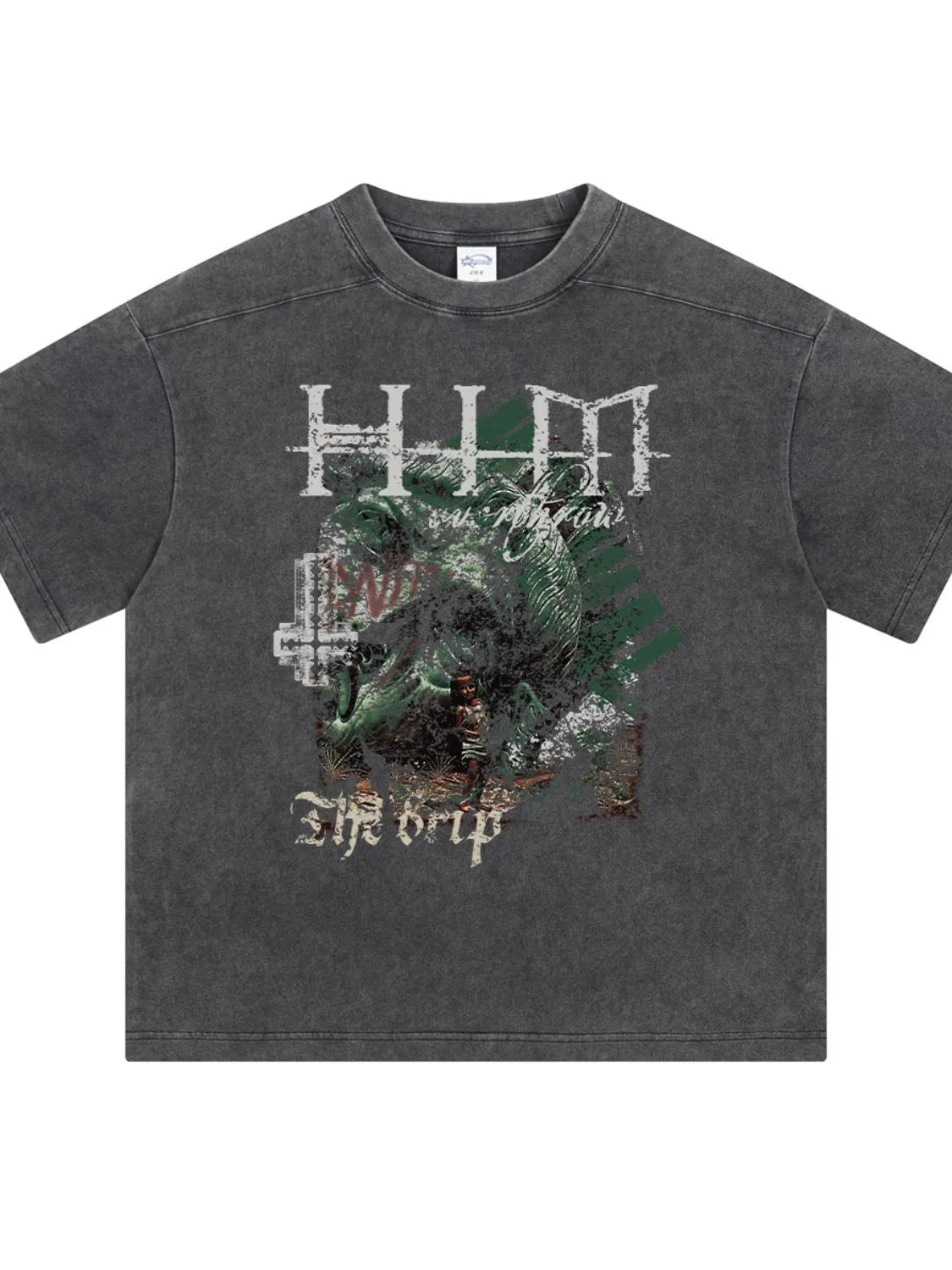 Acid wash dark gray graphic tee with "The Drip" text and distressed graphic print.