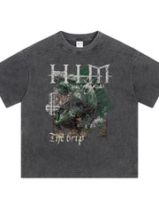 Acid wash dark gray graphic tee with "The Drip" text and distressed graphic print.
