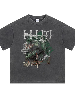 Acid wash dark gray graphic tee with "The Drip" text and distressed graphic print.