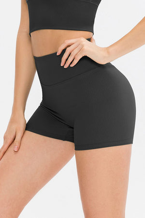 Dark Gray ribbed sculpting active shorts with a high waist and short length.