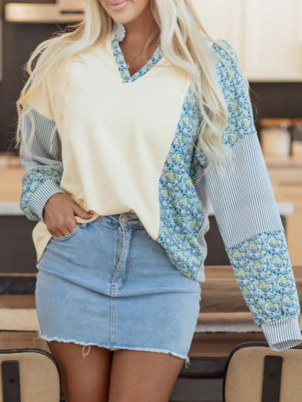 Floral Striped Drop Sleeve Collared Sweatshirt in Cream, model styling view