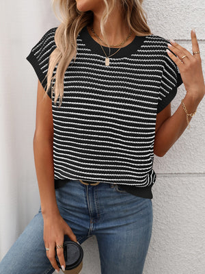 Black and white horizontal stripe knit shell top with crew neck and cap sleeves.