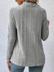 Gray ribbed knit cardigan with a high neckline and long sleeves, shown from the back.