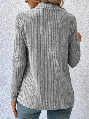Gray ribbed knit cardigan with a high neckline and long sleeves, shown from the back.