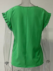 Green cap-sleeve blouse with pleated sleeve detail