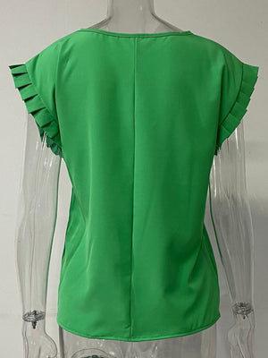 Green cap-sleeve blouse with pleated sleeve detail