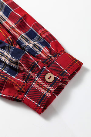Charming tartan mini dress with frilly collar, red plaid cotton blend button-down sleeve detail.