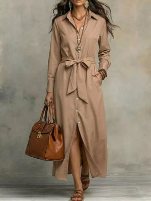 Tie Waist Long Sleeve Shirt Dress Plus Size in Red, front view