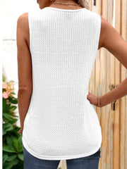 White textured knit sleeveless blouse with metallic trim detail