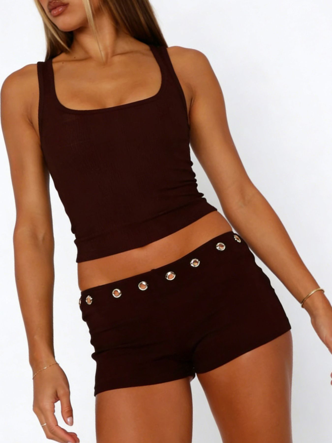 Brown ribbed tank top and shorts set with grommet detail