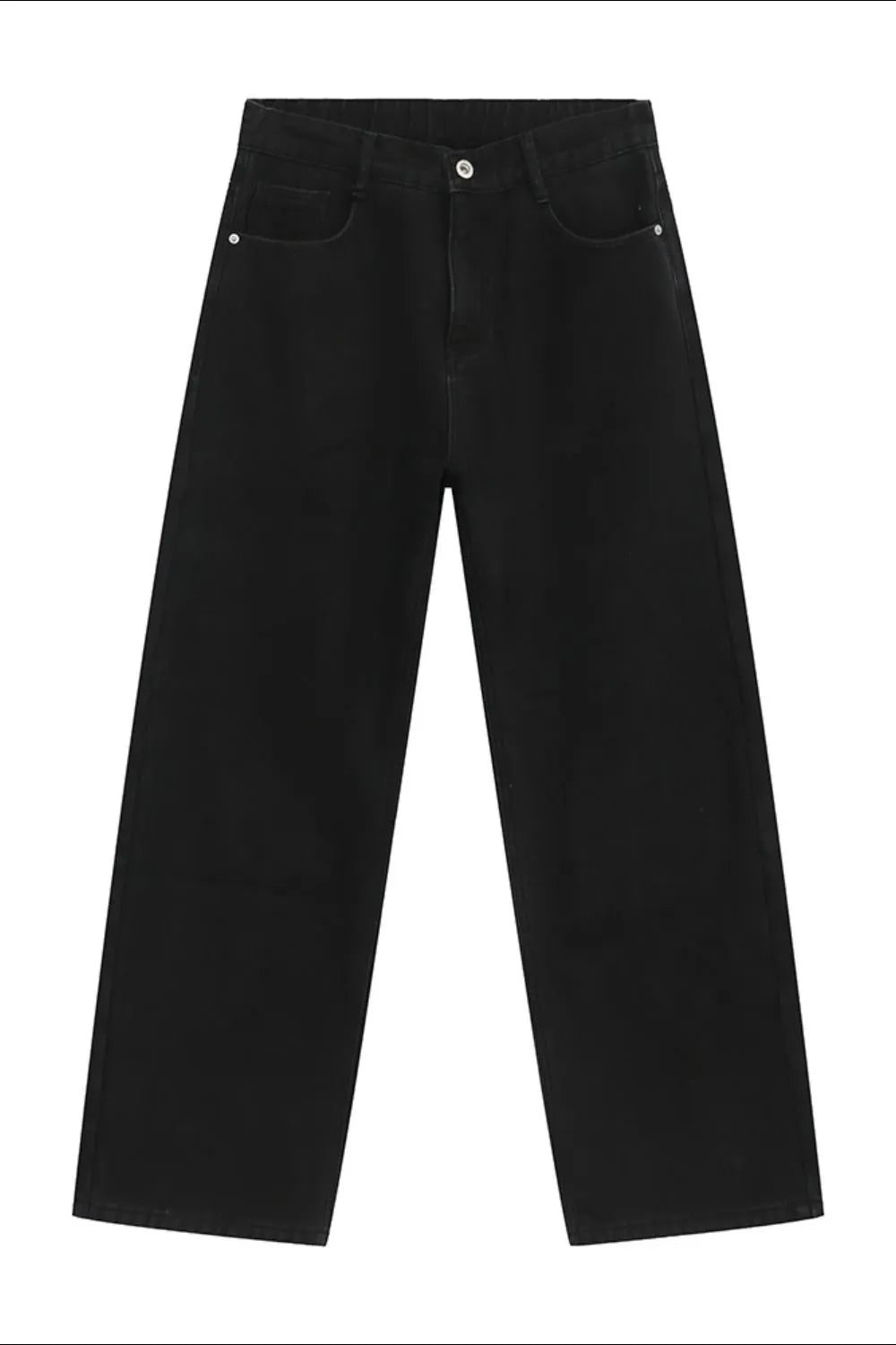 Black wide-leg denim jeans with a relaxed, baggy fit and classic five-pocket styling.