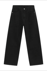 Black wide-leg denim jeans with a relaxed, baggy fit and classic five-pocket styling.