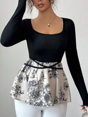 Black long-sleeve top with a floral peplum hem and square neckline