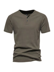 Men's casual cotton Henley t-shirt in Army Green with button detail