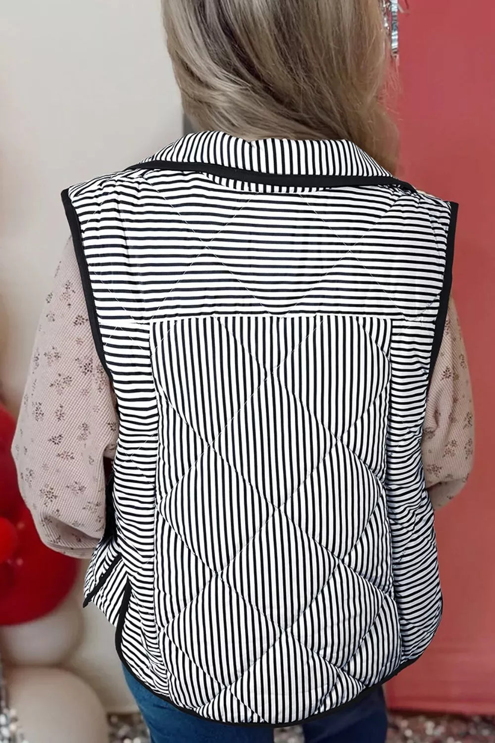 Striped Quilted Vest Coat in Black, fabric detail