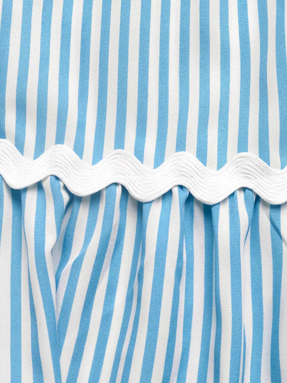 Blue and white striped midi dress with white lace trim detail
