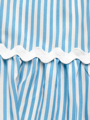 Blue and white striped midi dress with white lace trim detail