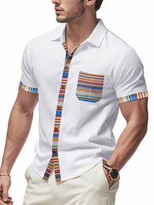 White cotton short sleeve men's shirt with colorful striped trim on placket, pocket, and cuffs.