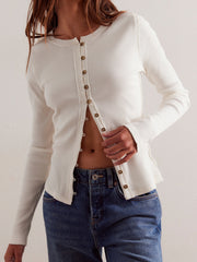 White ribbed knit button-front slim fit long sleeve top with round neckline