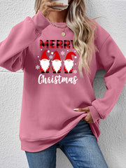 Blush Pink Christmas Gnome Graphic Sweatshirt with plaid Merry text and snowflakes.