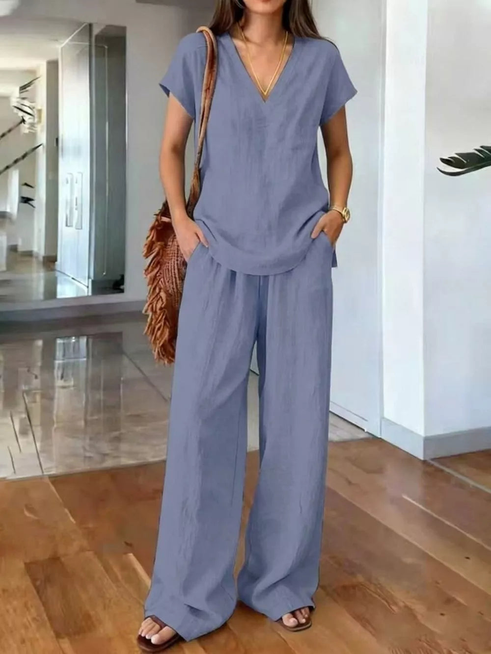 Full Size V-neck Short Sleeve Top And Pants Set in Light Brown, view 13
