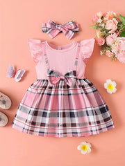 Baby girl pink plaid dress with ruffled cap sleeves and bow detail, includes matching headband.