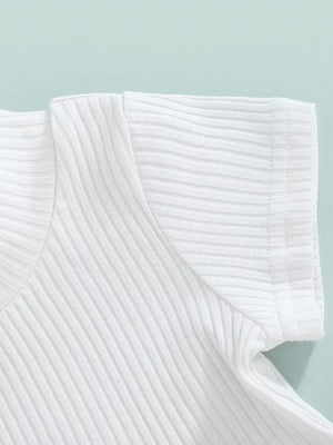 White ribbed knit baby top detail, short sleeve, crew neck