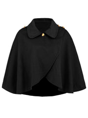Black asymmetric cape jacket with button front and gold button details.