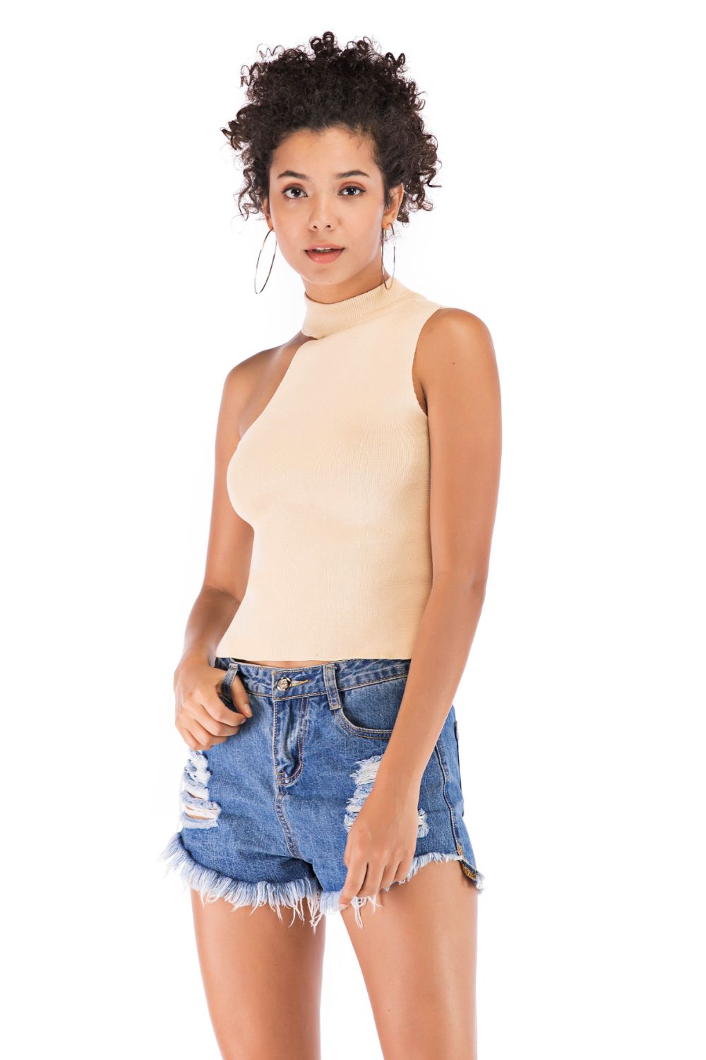 Sand asymmetric cut-out ribbed knit tank top with mock neck and sleeveless design.