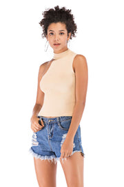 Sand asymmetric cut-out ribbed knit tank top with mock neck and sleeveless design.