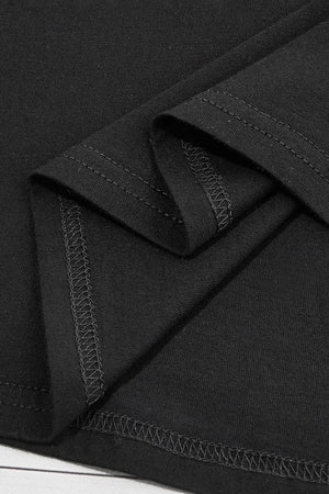 Black t-shirt with visible stitching detail on hem and sleeve.