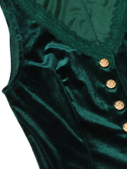 Green velvet button-down vest with lace trim and gold buttons