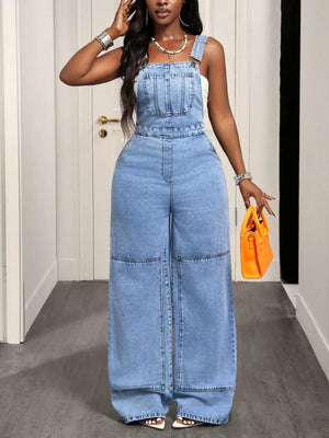 Wide Strap Wide Leg Denim Overalls, back view