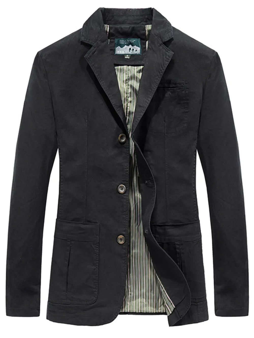 Black cotton lapel collar blazer with buttoned front and striped lining.