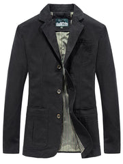 Black cotton lapel collar blazer with buttoned front and striped lining.