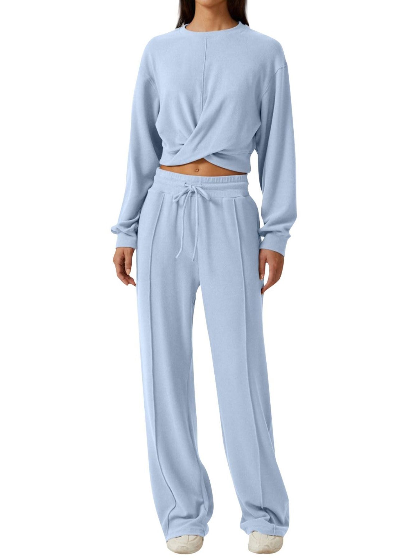 Light blue cropped twist-front top and relaxed drawstring pants set
