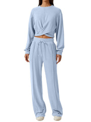 Light blue cropped twist-front top and relaxed drawstring pants set