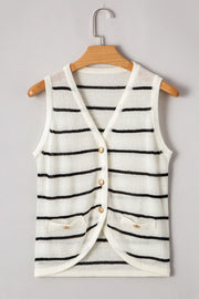 White knit vest with black nautical stripes, V-neck, button front, and pocket details.