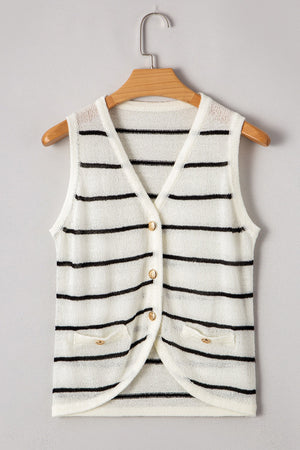 White knit vest with black nautical stripes, V-neck, button front, and pocket details.