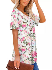 White floral ruched v-neck t-shirt with short sleeves and button detail.