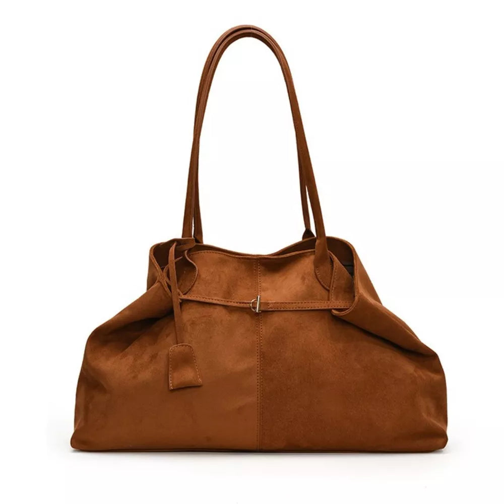 Ochre suede slouchy shoulder bag with drawstring and buckle detail