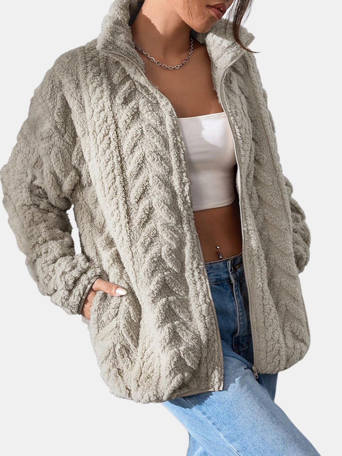Khaki textured chevron fleece zip jacket with pockets