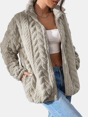 Khaki textured chevron fleece zip jacket with pockets
