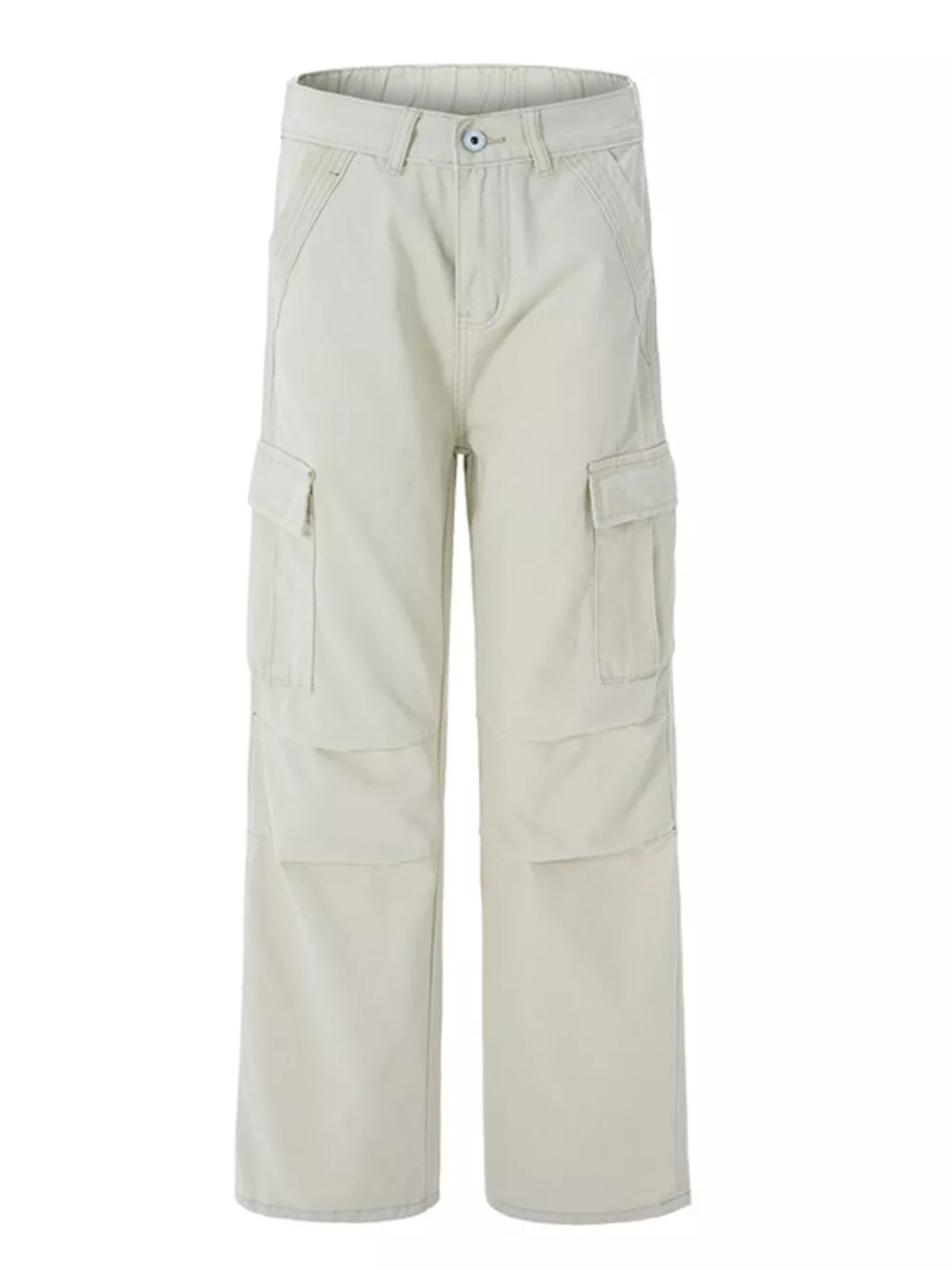 Off-white 100 cotton wide-leg cargo pants with multiple pockets and belt loops.